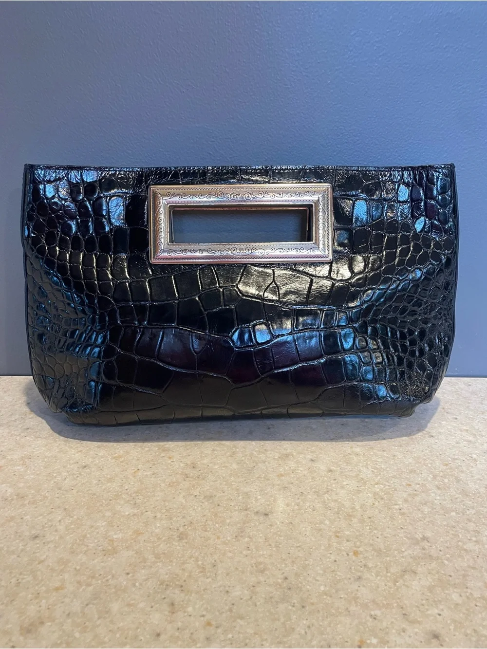 BRIGHTON Vintage Large Leather Clutch Purse Croc Embossed Metal Frame Handle